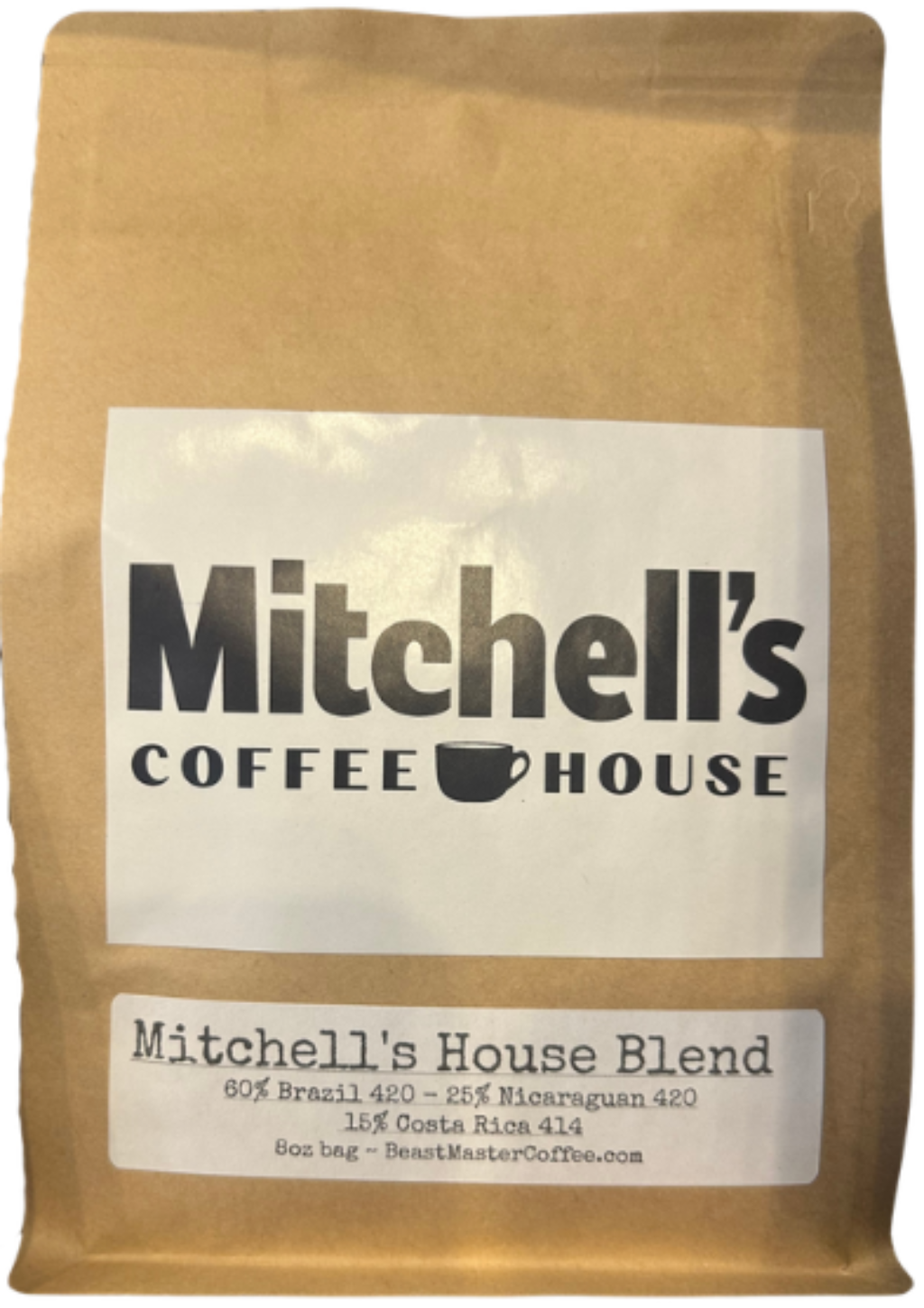 Brown paper bag with 'Mitchell's Coffee House' label on a white background